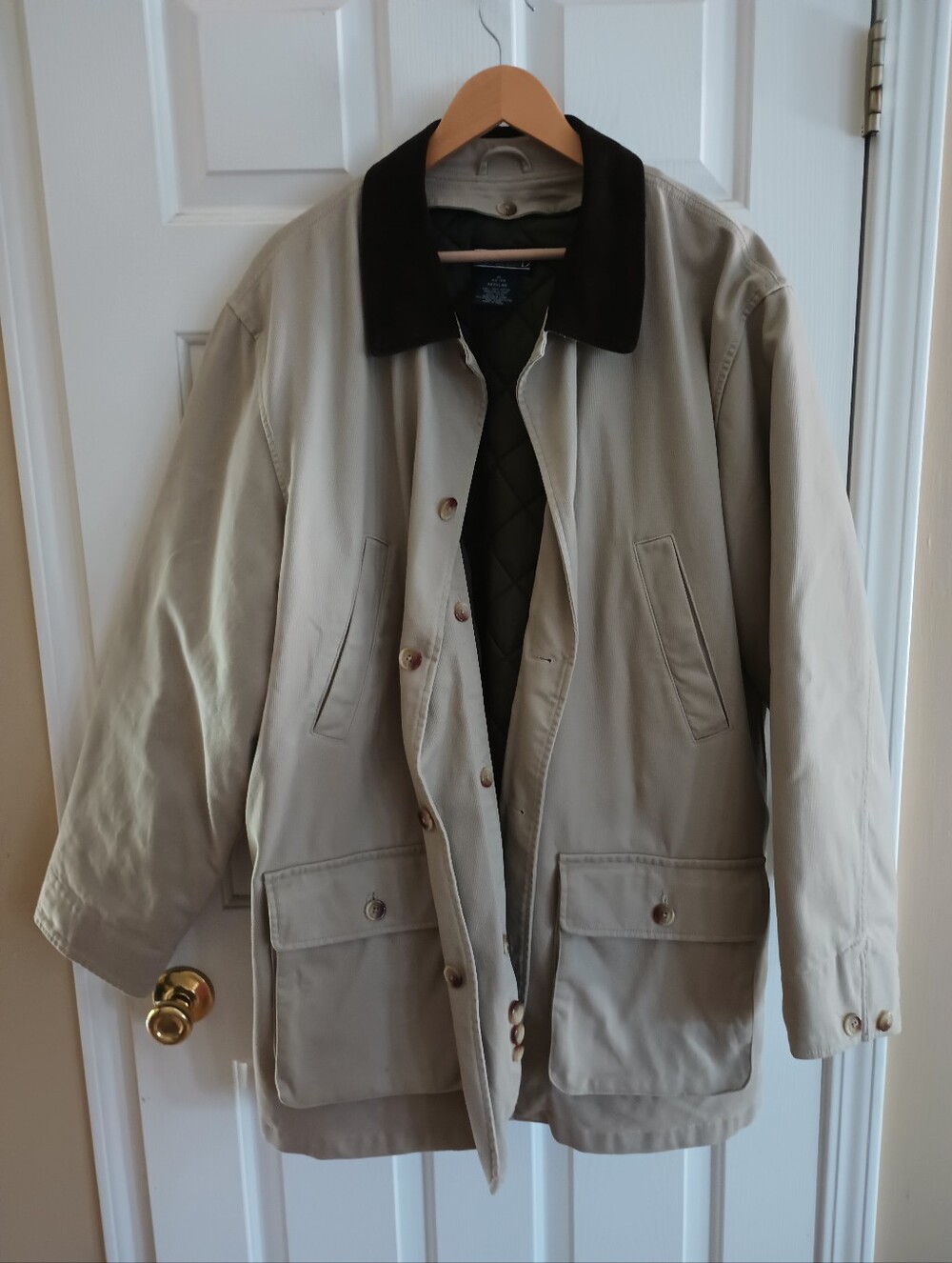 Lands End Jacket Mens XL 46-48 Beige Field Leather Barn Coat Cotton Canvas  VTG